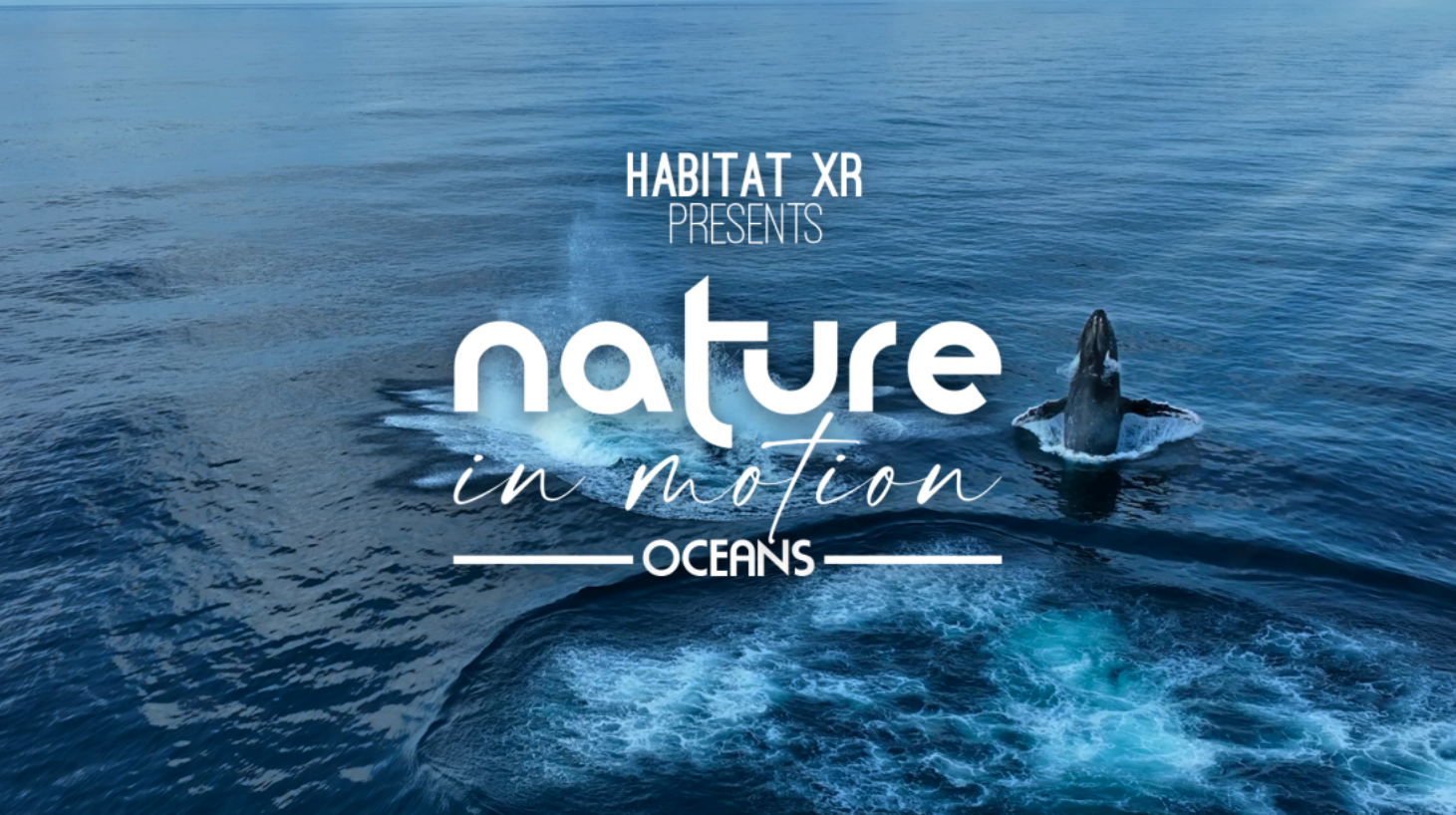 Whale breaching the ocean surface with white text overlay reading 'Habitat XR presents nature in motion oceans.'